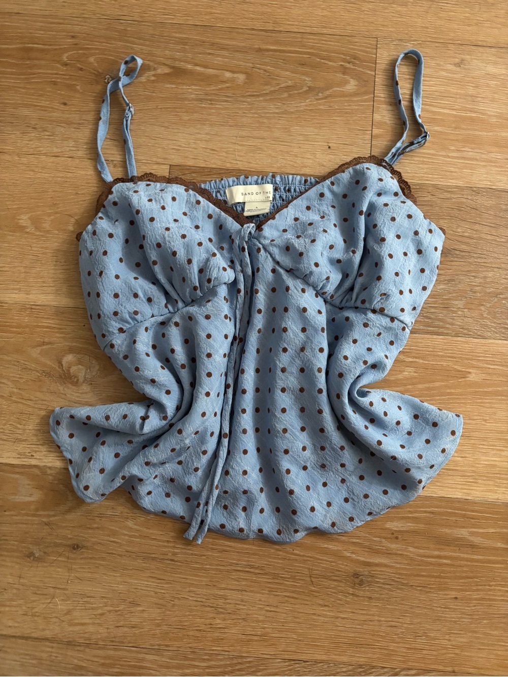 Light Blue Polka Dot Cami Tank with Brown Trim